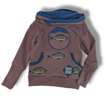 Load image into Gallery viewer, Brown/Navy fish hoodie w/ circle applique
