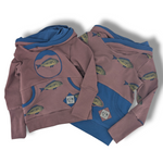 Load image into Gallery viewer, Brown/Navy fish hoodie w/ circle applique
