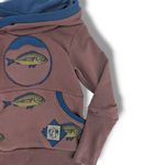 Load image into Gallery viewer, Brown/Navy fish hoodie w/ circle applique
