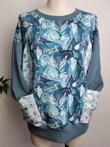 Adult Small Blue Bear & Hexagon Oversized Pocket Raglan
