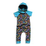 Load image into Gallery viewer, 2t Blue Monster Trucks Hooded Raglan Romper

