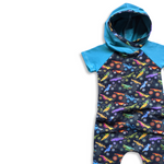 Load image into Gallery viewer, 2t Blue Monster Trucks Hooded Raglan Romper
