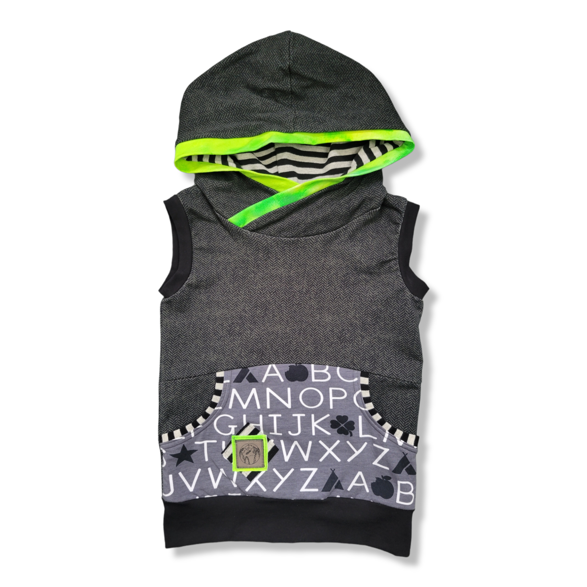 6-9Y Grey Alphabet Herringbone with Neon Green