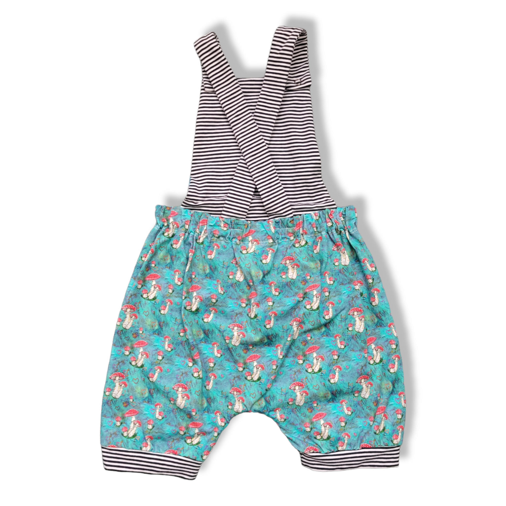 5T Mushrooms with Black White Stripes Romper with Applique